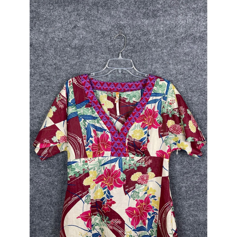 Maeve Dress‎ Women 12 Red Floral Silk Blend Great V-Neck Metallic Anthropologie - Picture 2 of 16